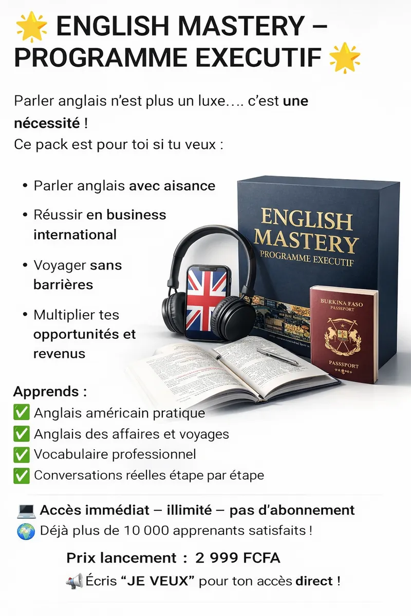 English Mastery : De Débutant à Expert – Boostez Votre Avenir et Vos Opportunités" en vente sur NeoShop Burkina Faso