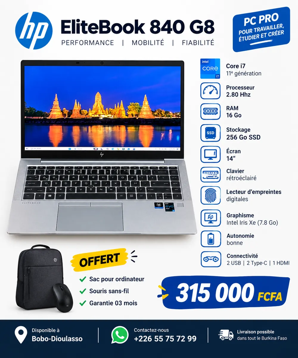 HP EliteBook 840 G8 - Découvrez le HP EliteBook 840 G8, un ordinateur professionnel conçu pour ceux qui veulent travailler en vente sur NeoShop Burkina Faso
